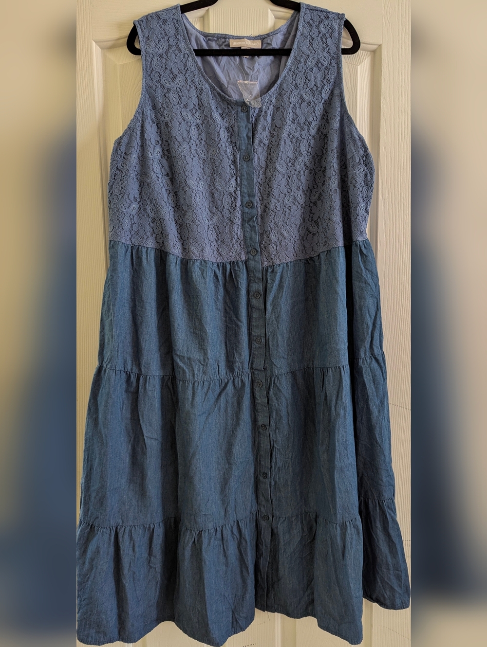 Woman Within Blue Tiered Lace-Top Button Front Dress